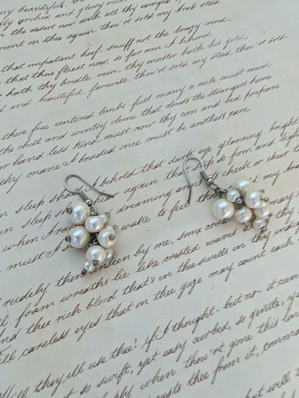 Pearl Cluster Drop Earrings - Silver Tone